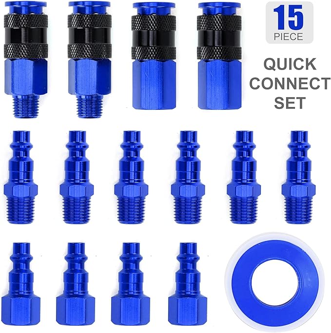 15 Pieces 1/4" NPT Aluminum Air Coupler and Plug Kit, Quick Connect Air Fittings, Industrial Quick Connector Set (Blue)