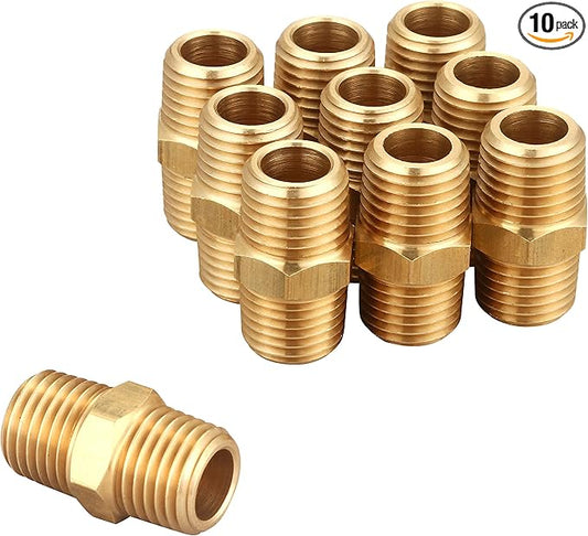 1/4 Inch NPT x 1/4 Inch NPT Male Thread Solid Brass Hex Nipples, Pipe Fitting and Air Hose Fittings (10 Piece)