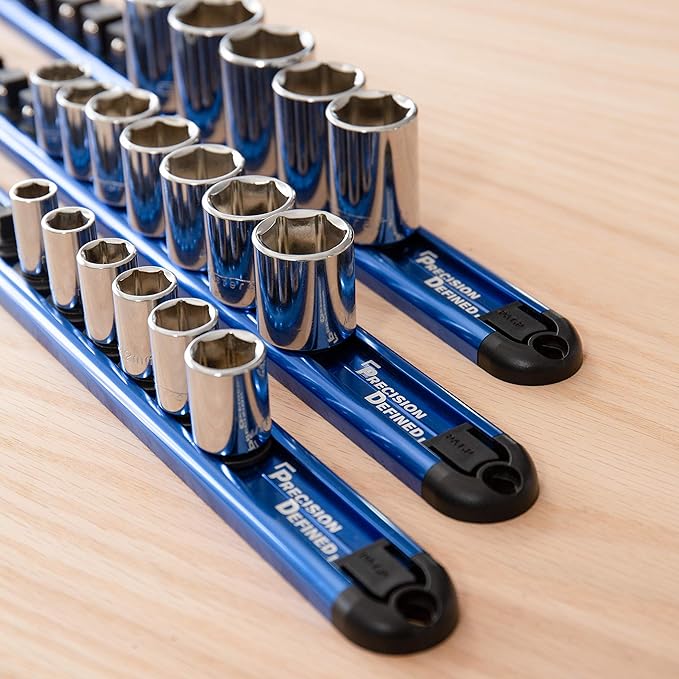 Precision Defined Aluminum Tool Socket Holder | Blue, Single 3/8-Inch Socket Organizer x 16 Clips | Heavy Duty Socket Rails Organizer, Socket Storage, Socket Tray 360 Rotation