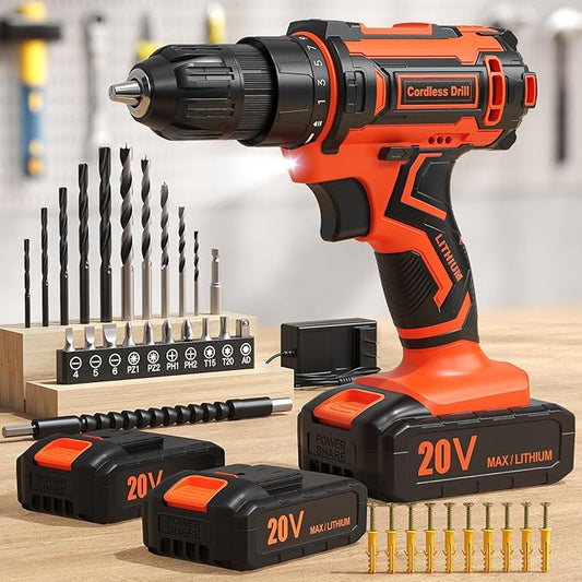 Cordless Drill, 20V Power Drill, Double 2000mAh Batteries Electric Drill, Cordless Drill with Battery and Charger, 3/8" Keyless Chuck Battery Drill with 25+1 Max 370 In-lb Torque, 42Pcs Drill Bits