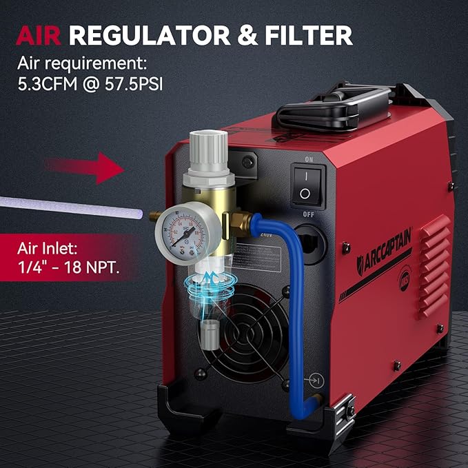 ARCCAPTAIN 55A Plasma Cutter, Non-Touch Pilot ARC High-Frequency Air Plasma Cutting Machine, 110/220V Dual Voltage IGBT Inverter, 1/2" Clean Cut, Post Flow,2T/4T, and 1/4" - 18 NPT, for Beginners DIY