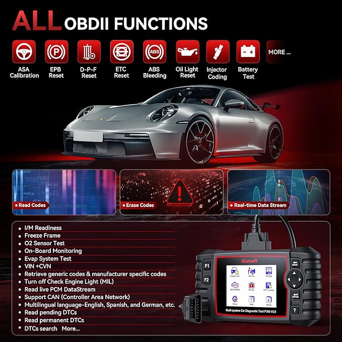 iCarsoft Auto Diagnostic Scanner P700 V2.0 for Porsche with Engine/Transmission/ABS/Airbag Diagnosis Scan,OBD2 Code Reader with Oil Reset EPB ETC+Battery/O2 Sensor/EVAP Test