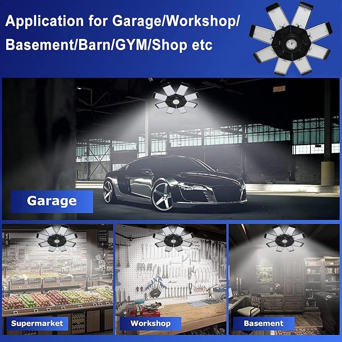 250W LED Garage Light, Ultra Bright 25000 Lumen LED Garage Ceiling Lights LED Shop Lights with 8+1 Adjustable Panels, 6500K Daylight Light Bulb Fixture LED Lights for Garage, Workshop