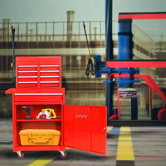 Rolling Tool Chest Metal Tool Box with Wheels Tool Cabinet Portable Tool Box with Wheels Detachable 5 Drawers Tool Chest with Bottom Cabinet and One Adjustable Shelf, Red