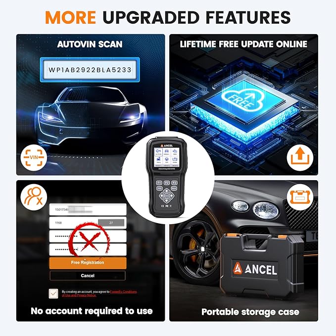 ANCEL AD610 PRO ABS SRS OBD2 Scanner with ABS Bleeding, Airbag Light Reset, SAS/Oil/EPB Reset, ABS Bidirectional Active Test, AutoVIN, Lifetime Free Updates