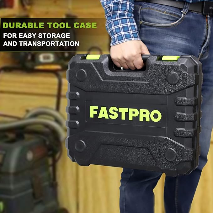 FASTPRO 177-Piece 20V Cordless Lithium-ion Drill Driver and Home Tool Set, Household Repairing Kit with in Storage Case, Green