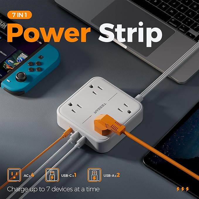 Surge Protector Power Strip, TESSAN Extension Cord 5FT with 4 Mutiple Outlets 3 USB(1 USB C) Charging Ports, 4 Sockets Desk Charging Station for Home Office Dorm Room Essentials, White