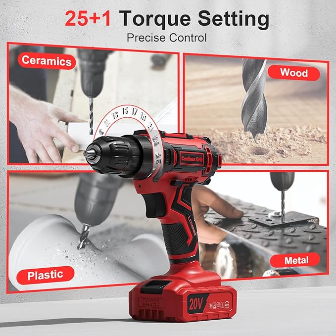 Cordless Drill, 20V Power Drill, Double 2000mAh Batteries Electric Drill, Cordless Drill with Battery and Charger, 3/8" Keyless Chuck Battery Drill with 25+1 Max 370 In-lb Torque, 42Pcs Drill Bits
