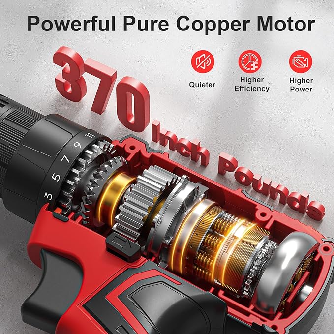 Cordless Drill, 20V Power Drill, Double 2000mAh Batteries Electric Drill, Cordless Drill with Battery and Charger, 3/8" Keyless Chuck Battery Drill with 25+1 Max 370 In-lb Torque, 42Pcs Drill Bits