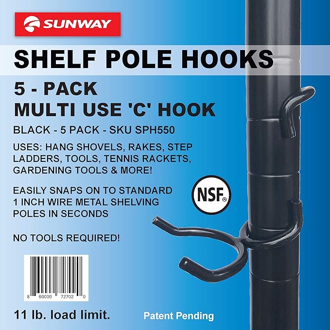 Sunway Shelf Pole Hooks 5-Pack | Black Multi-Use C-Hook | Best Solution for Garage Shelving Storage Organization | Use with Metal or Wire Shelves and Racks | Heavy Duty, Easy Installation