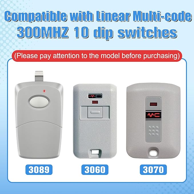 4 Pack Garage Door Opener Remotes Compatible with Linear Multi Code 3089, 3060, 3070, 300mhz 10 Dip Switch Gate Door Opener Remote Control Transmitter Replacement (2 Grey, 2 Black Mini)