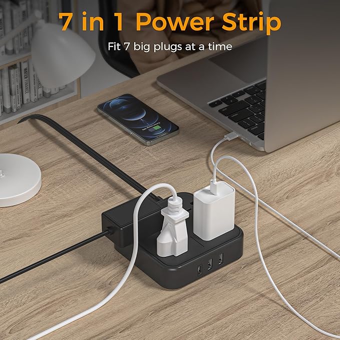 Flat Extension Cord 10 ft, TESSAN Ultra Thin Power Strip, Black Extension Cord with 3 USB Wall Charger(1 USB C Port), 4 Widely Spaced Outlets Compact for Home, Office, Cruise Ship Essentials