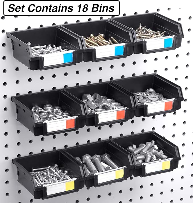 Pegboard Bins – 18 Pack Black - Hooks to Any Peg Board - Organize Hardware, Accessories, Attachments, Workbench, Garage Storage, Craft Room, Tool Shed, Hobby Supplies, Small Parts