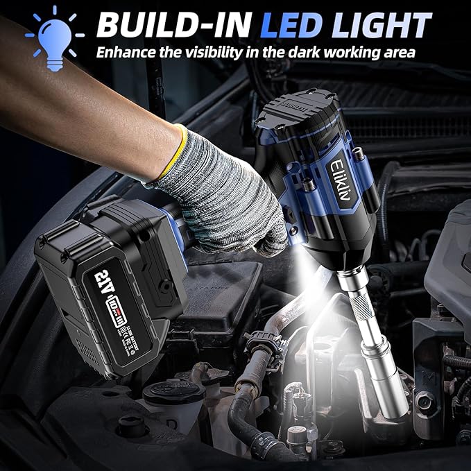 Elikliv Cordless Brushless Impact Wrench 1/2 inch, Max Torque 1000N.m, 740Ft-lbs 21V Electric Power Impact Gun, 2x 4000mAh Battery, Fast Charger, 4 Sockets set, Power Impact Driver for Car Tires Home