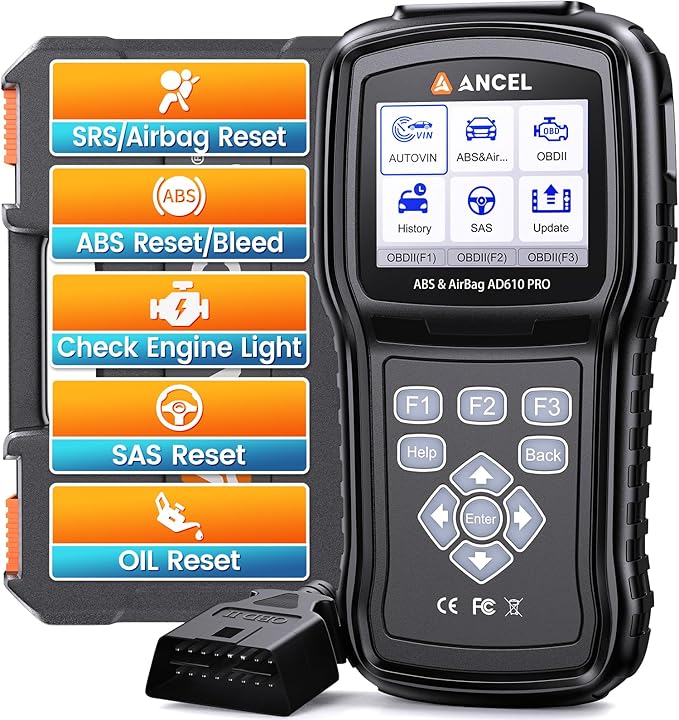 ANCEL AD610 PRO ABS SRS OBD2 Scanner with ABS Bleeding, Airbag Light Reset, SAS/Oil/EPB Reset, ABS Bidirectional Active Test, AutoVIN, Lifetime Free Updates