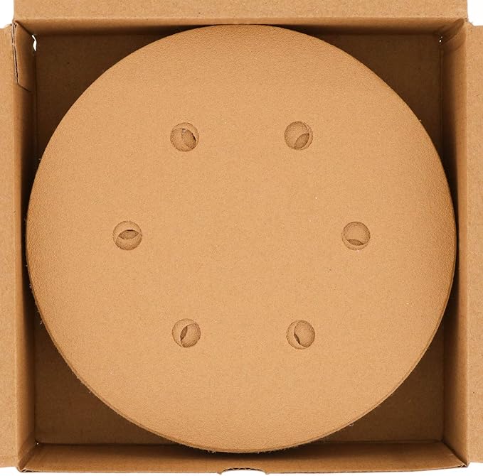 Dura-Gold Premium 120 Grit 6" Gold Sandpaper Discs, 6 Hole Pattern Dustless, Box of 50 - Hook & Loop Backing for DA Sander, Finishing Coarse Sanding Abrasive Automotive Paint, Woodworking Wood, Metal