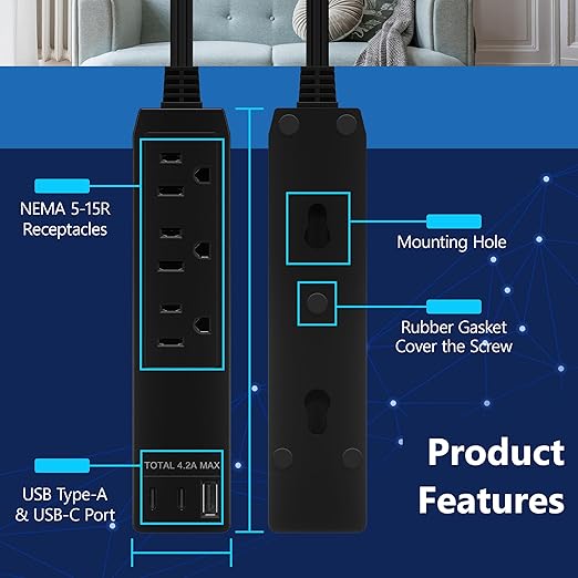 LIDER Outlet Extender with 3 Receptacles, 21W USB Type-A, and 2 USB Type-C, Ultra-Thin Wall Plate Plug with Cord Extender, 3-Outlet Power Strip, Flat-Face, Slim Design, Modern, 3ft Cord, Black