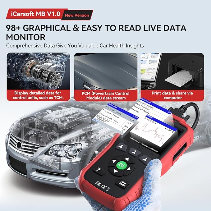 iCarsoft OBD2 Scanner MB V1.0 for Mercedes Benz/Sprinter/Smart, All System Diagnostic Tool Oil/SAS Reset Battery Test 10 OBD2/EOBD Modes CAN Car Scan Code Reader/DTC Lookup/Live Data/Freeze Frame