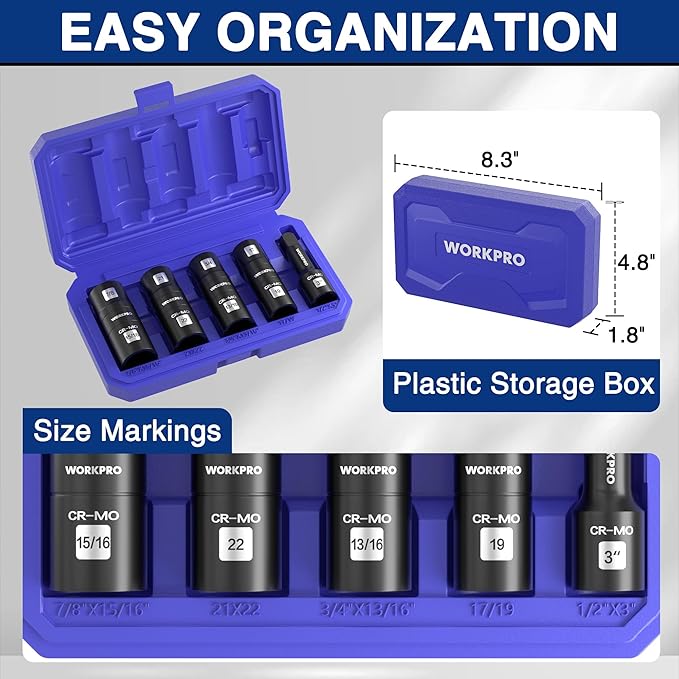 WORKPRO 5PCS Impact Socket Set 1/2" Drive, Lug Nut Socket Set, Wheel Socket Set Cr-Mo Steel, Includes 1PC 3" Extension Bar & 4PSC Flip Sockets of 6 Metric and SAE Sizes