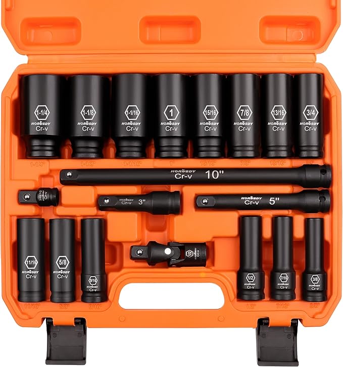 HORUSDY 19-Piece 1/2 Impact Socket Set | SAE (3/8-Inch to 1-1/14") | 6 Point Impact Socket Set 1/2 Drive with Case | Cr-V Steel | 3", 5", and 10" Impact Extension Bars