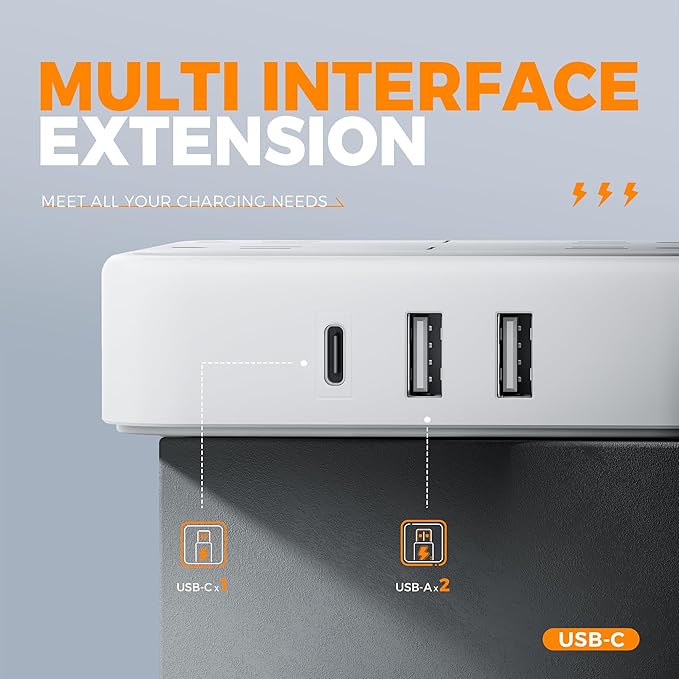 Flat Plug Surge Protector Power Strip, TESSAN 5 ft Ultra Thin Extension Cord with 3 USB Wall Charger(1 USB C Port), 4 Outlets Slim Desk Charging Station for Travel, Office, Dorm Room Essentials