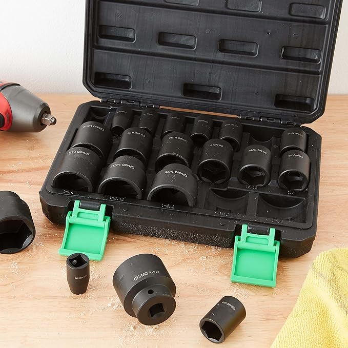 Amazon Basics 19-Piece 1/2-Inch Drive 6 Point Shallow Impact Socket Set, SAE Size With Carrying Case, 10.2" x 8.5" x 2.4"(Previously Denali brand)