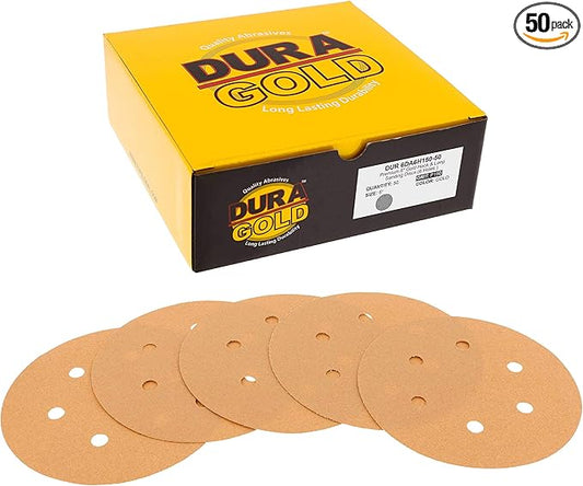Dura-Gold Premium 150 Grit 6" Gold Sandpaper Discs, 6 Hole Pattern Dustless, Box of 50 - Hook & Loop Backing for DA Sander, Finishing Med-Cut Sanding Abrasive Automotive Paint, Woodworking Wood, Metal