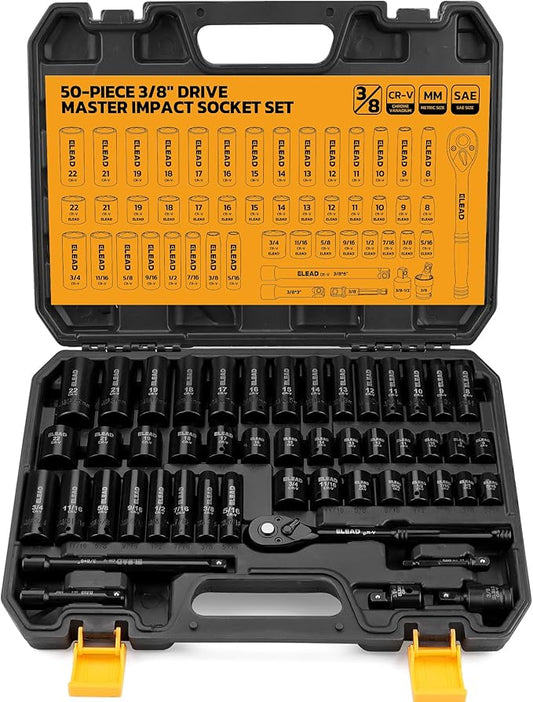 ELEAD 3/8" Drive Impact Socket Set, 50-Piece Standard SAE (5/16 to 3/4 inch) and Metric (8-22mm) Size, Deep & Shallow, 6 Point, Cr-V, 72-Tooth Ratchet Handle, Extension Bar, Universal Joint