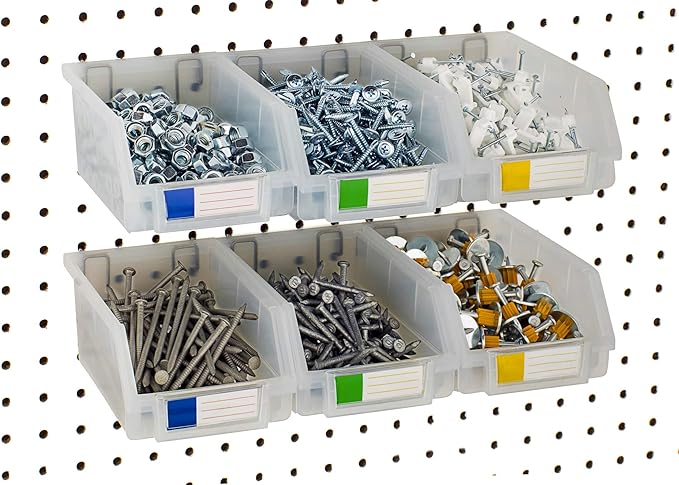 Pegboard Bins – 6 Pack Clear Large - Hooks to Any Peg Board - Organize Hardware, Accessories, Attachments, Workbench, Garage Storage, Craft Room, Tool Shed, Hobby Supplies, Small Parts