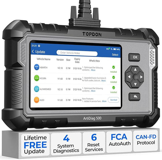 TOPDON AD500 OBD2 Scanner Car Code Reader Scan Tool, Engine ABS SRS Transmission Diagnostics Tool, FCA AutoAuth, CAN FD Protocol, Oil/Throttle/SAS/TPMS/BMS/EPB Reset Car Scanner, Free Upgrade for DIY