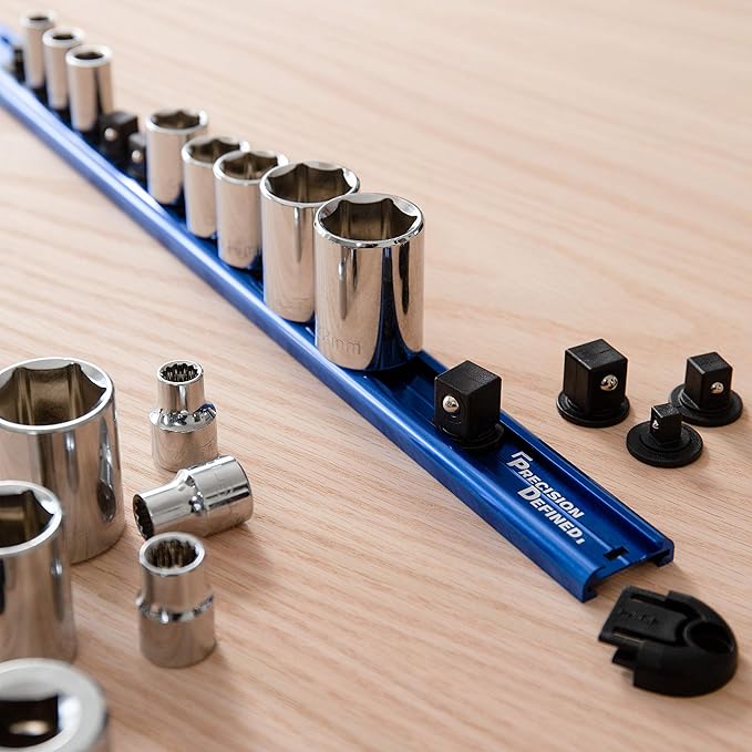 Precision Defined Aluminum Tool Socket Holder | Blue, Single 1/2-Inch Socket Organizer x 14 Clips | Heavy Duty Socket Rails Organizer, Socket Storage, Socket Tray 360 Rotation
