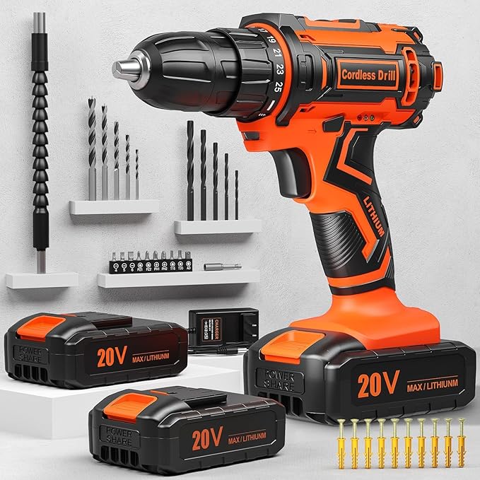 Cordless Drill, 20V Power Drill, Double 2000mAh Batteries Electric Drill, Cordless Drill with Battery and Charger, 3/8" Keyless Chuck Battery Drill with 25+1 Max 370 In-lb Torque, 42Pcs Drill Bits