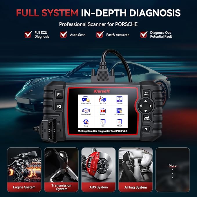 iCarsoft Auto Diagnostic Scanner P700 V2.0 for Porsche with Engine/Transmission/ABS/Airbag Diagnosis Scan,OBD2 Code Reader with Oil Reset EPB ETC+Battery/O2 Sensor/EVAP Test