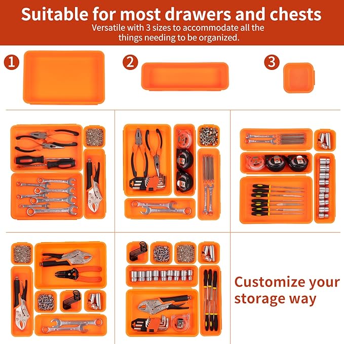 45 Pack Tool Box Organizer Tool Tray Dividers, Toolbox Drawer Organizers Storage Trays for Rolling Tool Chest, Work Bench Cabinet Bins, Hardware Parts Screw Nut Bolt Small Tools Organization - Orange