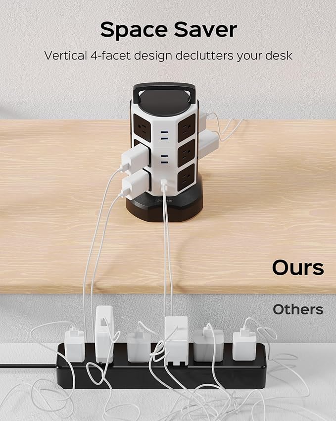 Power Strip Tower Surge Protector, JACKYLED 12 Outlets 6 USB (2 USB C) Charging Station, Extension Cord with Multiple Outlets, 1050J 1625W/13A Outlet Extender 6.5ft Extension Cord for Home Office
