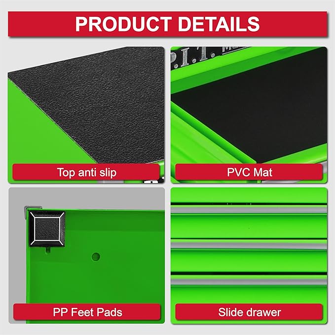 P.I.T. Mini Green Tool Box, Portable 5-Drawer Micro Roll Cab Steel Stackable Tool Box with Liner, Green Small Tool Case for Tools Storage and Organizers, Home DIY