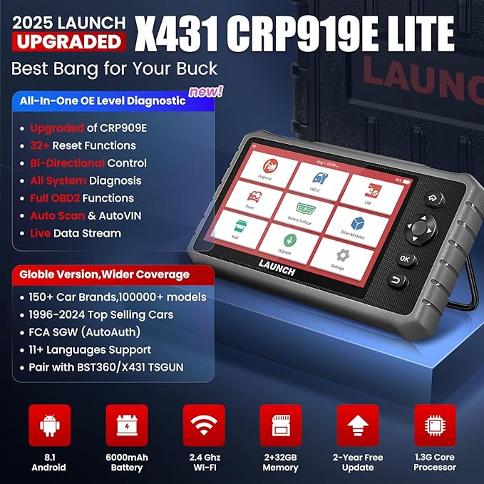 LAUNCH X431 CRP919E Lite Bidirectional Scan Tool, 2025 All System OBD2 Scanner Diagnostic Tool,Active Tests, 32+ Services,FCA AutoAuth,AutoVIN & AutoScan,2-Year Free Update,Upgraded of CRP909E