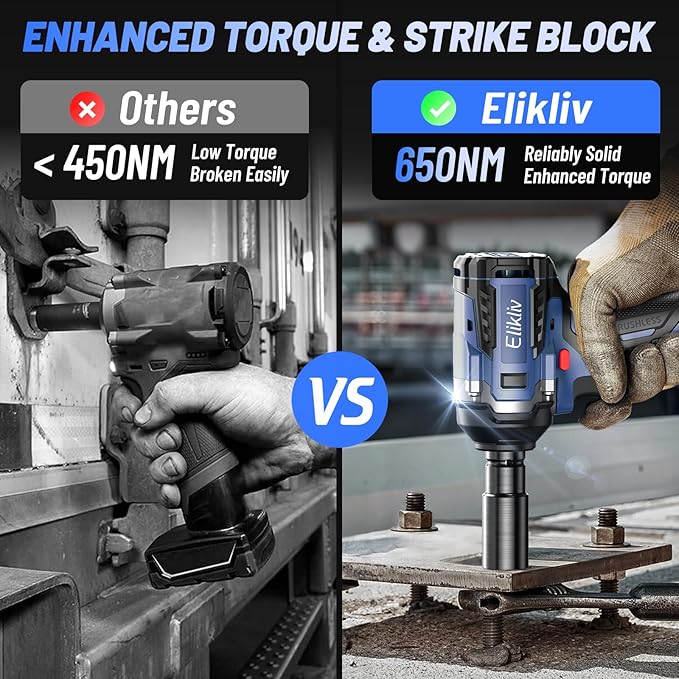 Elikliv Cordless Impact Wrench 1/2 inch, 500Ft-lbs Max Torque(650N.m), 21V 3000 RPM Power Impact Gun with 4 Sockets, 4000mAh Battery with Fast Charger, Electric Impact Driver for Car Truck Tires Home
