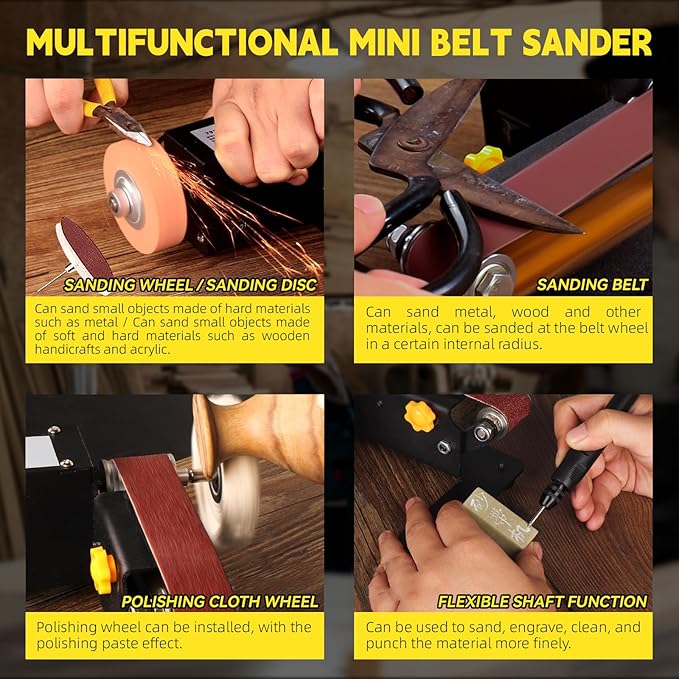 Mini Belt Sander with 7 Adjustable Speeds, Multi-Angle Electric Knife Sharpener and Belt Sanders for Woodworking,350W Bench Sander with Soft Shaft for Woodworking, Metal Polishing,and Crafting
