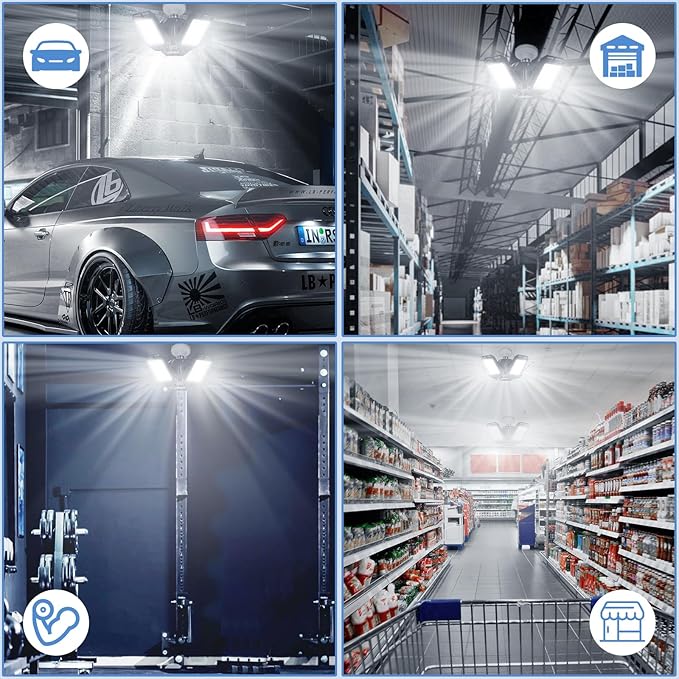 LED Garage Lights Bulb 4 Pack -80W, 8000LM 6500K Led Shop Light with 3 Deformable Panels, Basement Barn Light Garage Ceiling Lights, E26/E27 for Garage, Warehouse, Shop, Basement