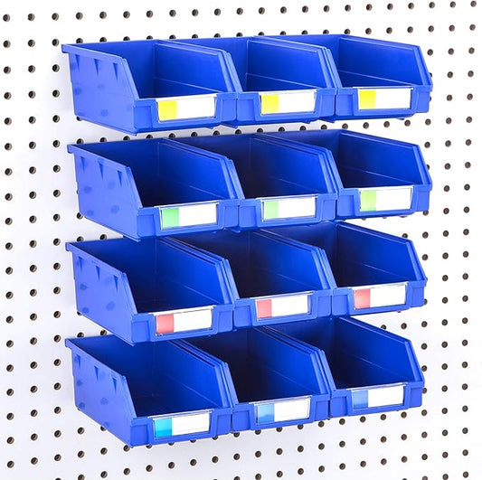 Pegboard Bins – 12 Pack Blue Extra Large - Hooks to Any Peg Board - Organize Hardware, Accessories, Attachments, Workbench, Garage Storage, Craft Room, Tool Shed, Hobby Supplies, Parts
