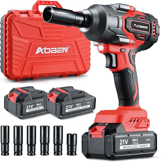 AOBEN Power Impact Wrench 800N.M, 1/2 Inch Cordless Impact Gun, High Torque 590 Ft-lbs Electric Impact Wrench Set with 2 X 4.0Ah Battery, Fast Charge, 6 Sockets, Tool Case
