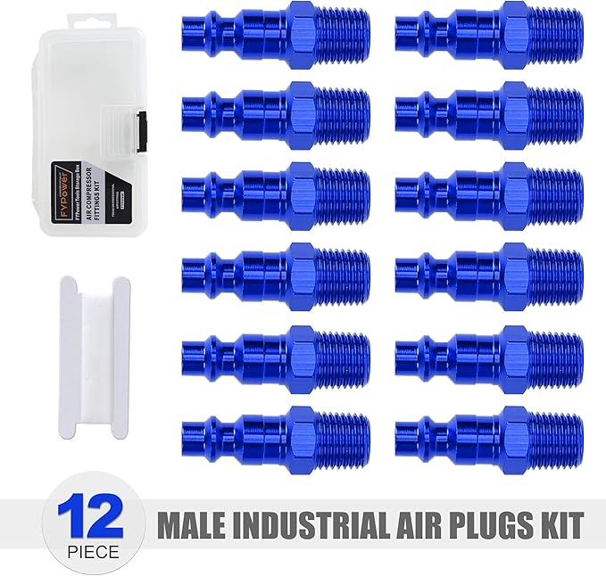Air Hose Fittings, 12 Pieces I/M Industrial Type Air Plugs with 1/4" NPT Male Threads, Blue