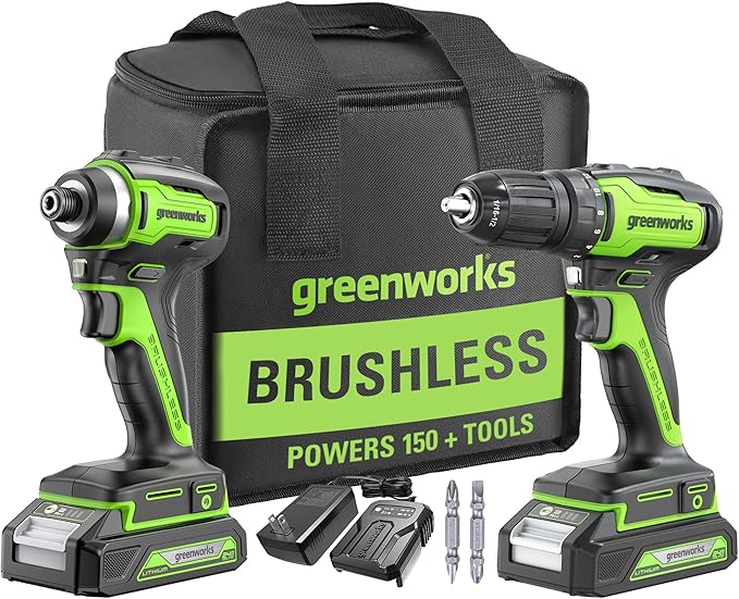Greenworks 24V Brushless Cordless Drill and Impact Driver,Power Tool Combo Kit Included 1/2”Drill & 1/4”Hex Impact Driver and (2) Batteries, Fast Charger, 2 pcs Drill Bit Set & Bag