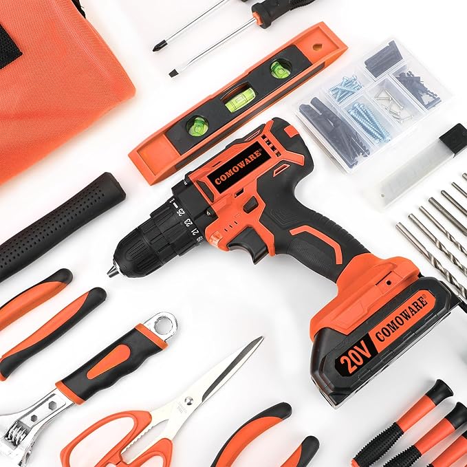 COMOWARE Home Tool Kit with Drill, 171PCS Household Tool Kit with 20V Cordless Power Drill, Home Repairing Tool Power Drill Sets with Orange Storage bag for DIY Home Maintenance