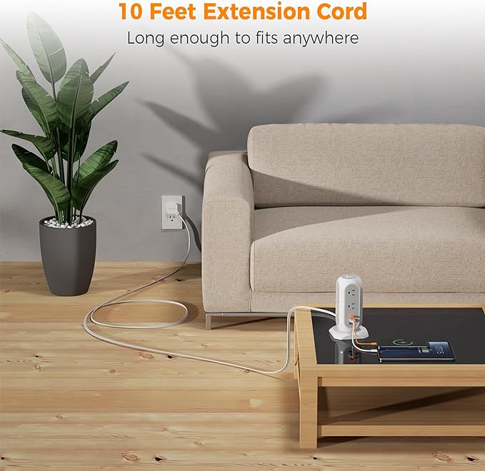 Surge Protector Power Strip Tower 10 Ft, TESSAN Flat Plug Extension Cord with 11 AC Outlets 3 USB Ports (1 USB C), 1050J Protection Charging Station for Home, Office Supplies, Dorm Room Essentials