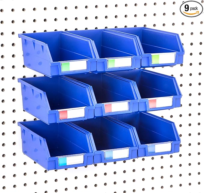 Pegboard Bins – 9 Pack Blue Extra Large - Hooks to Any Peg Board - Organize Hardware, Accessories, Attachments, Workbench, Garage Storage, Craft Room, Tool Shed, Hobby Supplies, Parts
