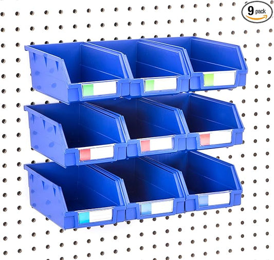 Pegboard Bins – 9 Pack Blue Extra Large - Hooks to Any Peg Board - Organize Hardware, Accessories, Attachments, Workbench, Garage Storage, Craft Room, Tool Shed, Hobby Supplies, Parts