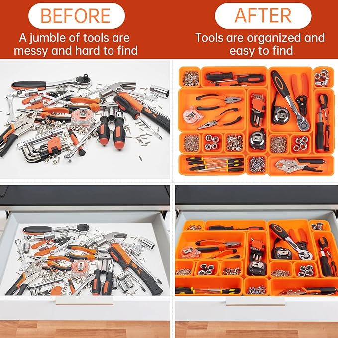 45 Pack Tool Box Organizer Tool Tray Dividers, Toolbox Drawer Organizers Storage Trays for Rolling Tool Chest, Work Bench Cabinet Bins, Hardware Parts Screw Nut Bolt Small Tools Organization - Orange