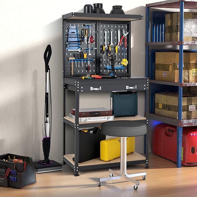 IRONMAX Workbench with Drawers, 32’’ Heavy Duty Workstation Organizer with 14 PCS Hanging Kits, 2 Storage Shelves & Long Drawer, Work Bench Table for Garage, Home, Workshop, Auto Shop, Basement